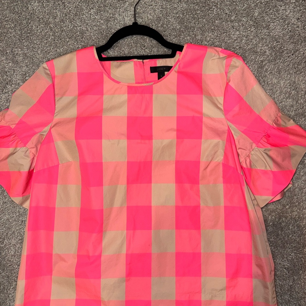 J Crew Buffalo Plaid Neon Pink Ruffle Sleeve Top Size 12